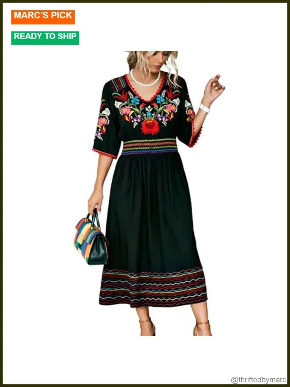 Mexican Floral Embroidered Boho Midi Dress Women A-Line V-Neck